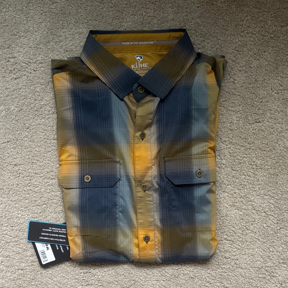 Kuhl Men's Casual Plaid Short Sleeve Shirt - Navy and Mustard